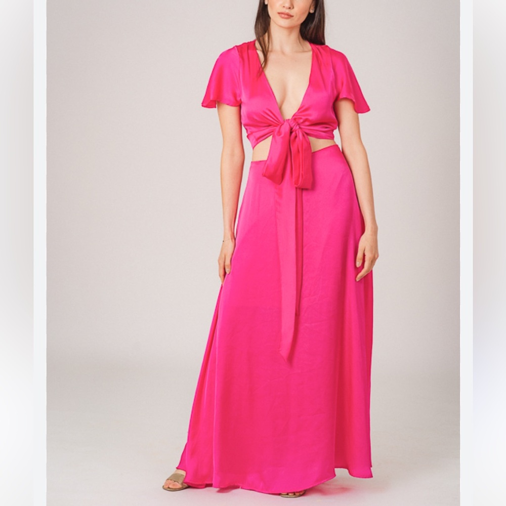 Runaway Tie Front Short Sleeve Flowy Cut Out Maxi Pink Dress XS